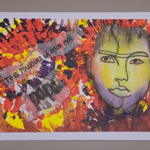 Party card, unique model, handmade. Rectangular, size approx. 14.5 x 10.5, opens widthwise, colors red, yellow, purple.
