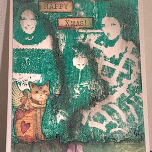 Carte Noël, carte modèle unique, carte signée, carte originale, texte" happy  Xmas",  motif chat ailé, impression personnages,  coloris vert