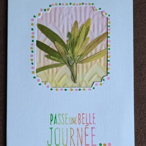Carte anniversaire, fait main, modèle unique, signée, fleurs séchées, originale ,rose, jaune, vert, message: Passe une belle journée