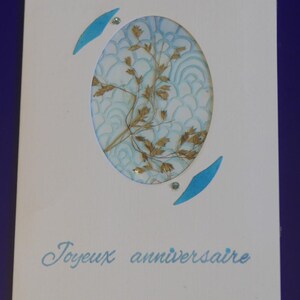 carte anniversaire, fait main, modèle unique, signée, fleurs des champs séchées, collage, turquoise sur fond blanc, rectangulaire, originale