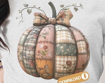 Patchwork Kürbis PNG: Florale gequiltete Clipart, Bauernhaus Herbst (digitaler Download)