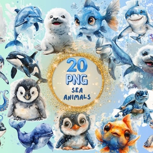 Clipart de animales marinos en acuarela, paquete de 20 PNG: delfín, pingüino, tiburón, foca, pulpo, pez, decoración infantil, descarga digital, uso comercial