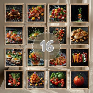 May include: A collage of 16 framed images showcasing various food items, including fresh vegetables, seafood, and other culinary delights. The images are arranged in a grid pattern, creating a visually appealing and appetizing display.