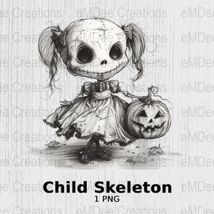 Halloween Skeleton Doll Clipart, 1 PNG, Instant Download, Girl & Pumpkin Digital Print, Gothic Nursery Decor, Spooky Black n White Graphics
