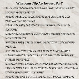 Pode incluir: Uma lista de maneiras de usar a arte de clip, incluindo tornar as apresenta&ccedil;&otilde;es mais envolventes, criar folhas de trabalho coloridas, decorar sites, projetar panfletos, melhorar as postagens de m&iacute;dia social, adicionar interesse visual aos boletins informativos, projetar cart&otilde;es de felicita&ccedil;&otilde;es, embelezar &aacute;lbuns de recortes, melhorar a apar&ecirc;ncia dos relat&oacute;rios comerciais e criar produtos personalizados.