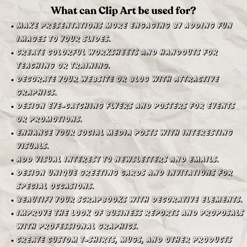 Pode incluir: Uma lista de maneiras de usar a arte de clip, incluindo tornar as apresenta&ccedil;&otilde;es mais envolventes, criar folhas de trabalho coloridas, decorar sites, projetar panfletos, melhorar as postagens de m&iacute;dia social, adicionar interesse visual aos boletins informativos, projetar cart&otilde;es de felicita&ccedil;&otilde;es, embelezar &aacute;lbuns de recortes, melhorar a apar&ecirc;ncia dos relat&oacute;rios comerciais e criar produtos personalizados.