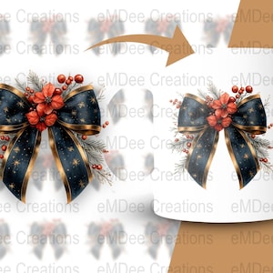 Clipart fiocco di Natale, PNG nastro festivo, Nero Rosso Oro, Download digitale Poinsettia festiva, Decorazione invernale, Scrapbooking, Creazione di biglietti