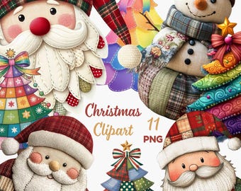Patchwork Christmas Clipart, 11 PNG, Santa, Snowman (Digital Download)