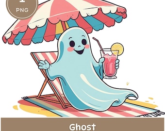Summer Ghost Clipart, Retro Beach Vibes, Pastel Halloween (PNG Digital Download)