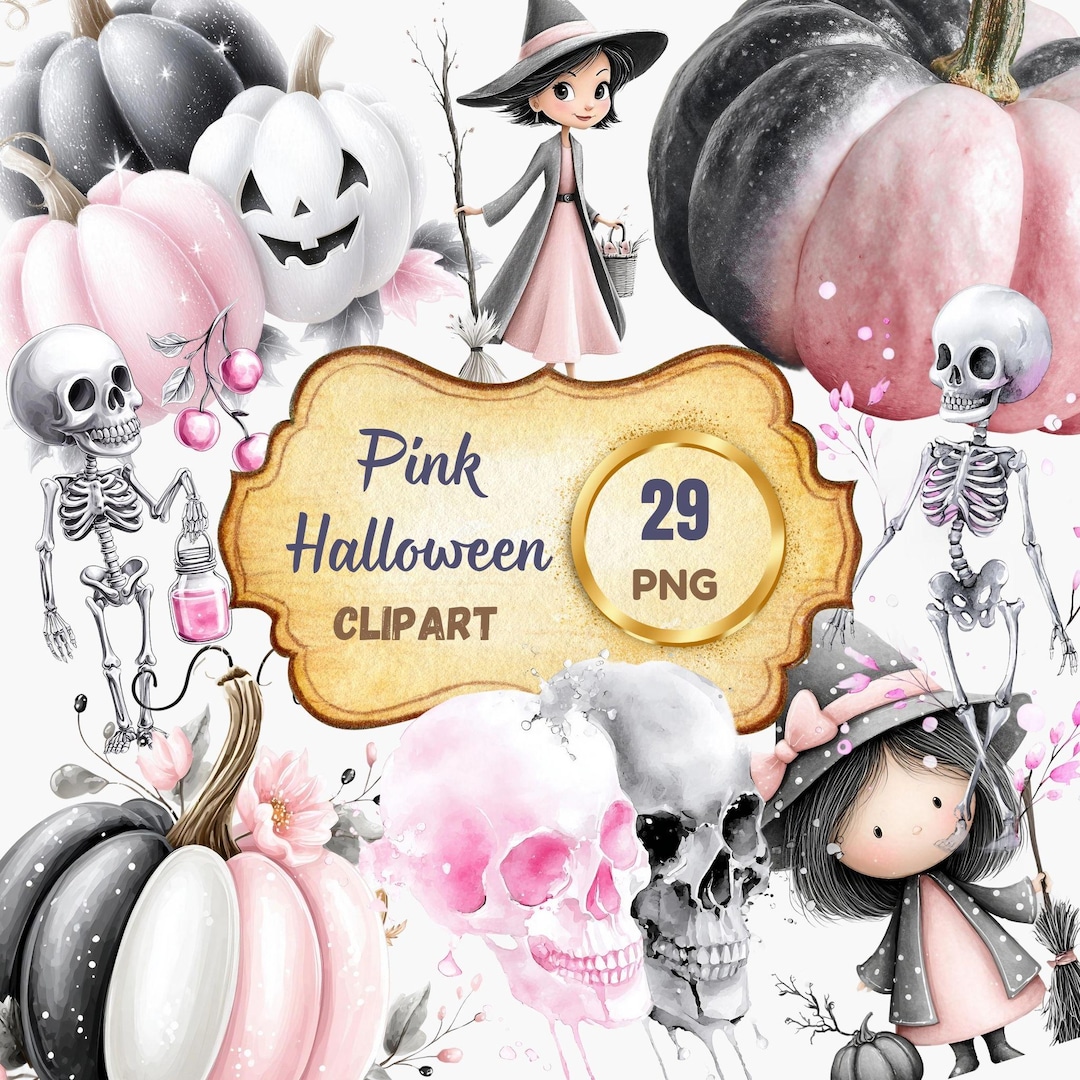 Pink Halloween Clipart Bundle: Pastel Witch, Skull, Pumpkin (29 PNG ...