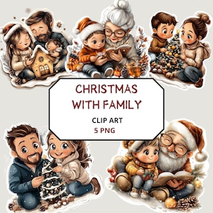 Weihnachten mit Familie Clipart, 5 PNG Dateien, Oma, Opa, Mama, Papa, neues Baby, Haus, Kind, Grafiken für Junk Journals, Aufkleber, Scrapbooking
