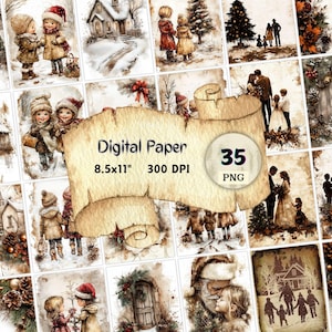 Papeles digitales de invierno, paquete de 35 PNG, hojas de collage con motivos florales navideños, páginas individuales de Junk Journal, páginas de álbumes de recortes, niños vintage, familia