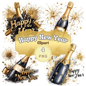 Feliz año nuevo 2025 Botella de champán Acuarela Clipart, 4 PNG Set, Fiesta negra y dorada, Descarga digital, Gráficos de scrapbooking, Pegatinas