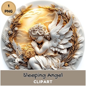 Dormir bébé ange rond Clipart 1 PNG, sublimation 3D en téléchargement numérique, décoration de Noël, autocollants, étiquettes cadeaux, graphiques célestes