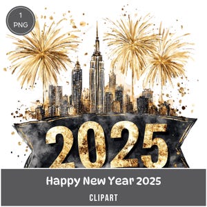 Fuegos artificiales en la ciudad 2025, clipart de acuarela, 1 PNG, negro y dorado, fiesta, horizonte, descarga digital, gráficos para scrapbooking, pegatinas