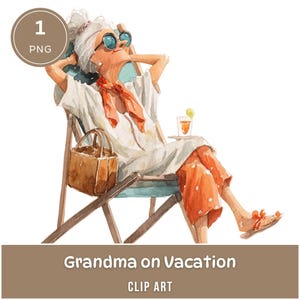 Grand-mère relaxante à la plage Clipart, 1 PNG, aquarelles pour autocollants, scrapbooking, cartes, tenue de journal, graphiques de vacances fantaisistes