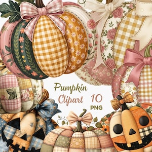 May include: A selection of decorative pumpkins with diverse patterns, such as gingham, floral, and patchwork. Each pumpkin is adorned with a bow and features shades of orange, pink, and green. The text "Pumpkin Clipart 10 PNG" is displayed.