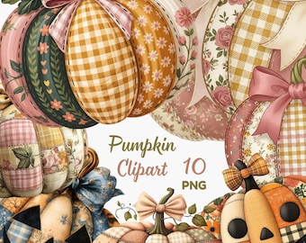 Pacchetto di clipart di zucche patchwork, design di trapunta floreale (download digitale)