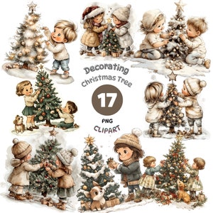 Bundle de cliparts de Noël vintage, 17 graphiques PNG, enfants rétro décorant le sapin de Noël, téléchargement numérique pour cartes à monter soi-même, scrapbooking, ornements