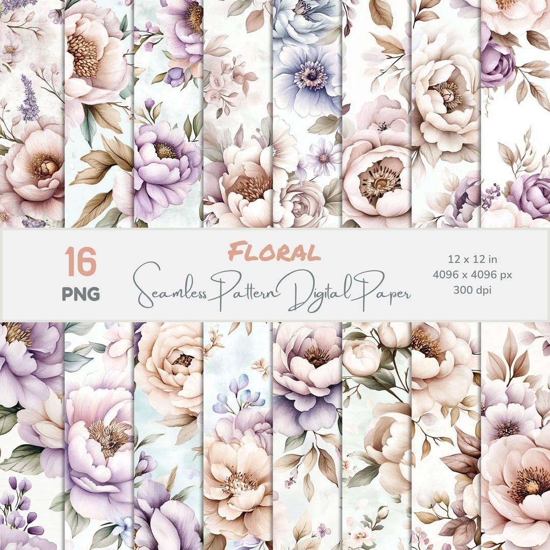 Watercolor Peony Digital Paper: Seamless Floral Pattern (16 PNG Bundle ...