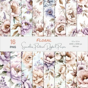 Puede incluir: Una colección de 16 diseños de papel digital floral sin costuras. Los patrones presentan ilustraciones de acuarela de peonías y otras flores en tonos de morado, rosa y marrón. La imagen incluye el texto "FLORAL Seamless Pattern Digital Paper".