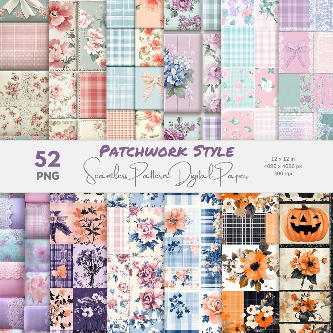 Patchwork Seamless Digital Paper Bundle, 52 PNG Files, Shabby Chic ...