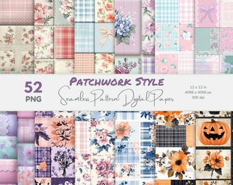 Patchwork Seamless Digital Paper Bundle, 52 PNG Files (Digital Download)