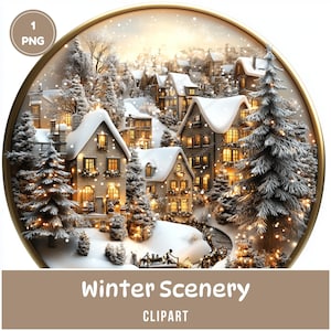 Clipart "Inverno nel villaggio", 1 PNG, download digitale per la creazione di biglietti, sublimazione, decorazioni, etichette regalo natalizie, adesivi, scrapbooking