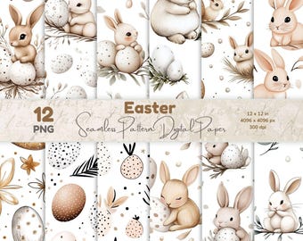 May include: A collection of 12 Easter-themed seamless digital papers. The designs feature watercolor illustrations of bunnies, eggs, and floral elements in soft pastel colors. Each paper is 12 x 12 inches and 300 dpi.