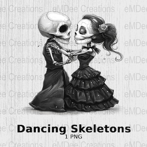 Goth Skeleton Dance Clipart, 1 PNG, Tag der Toten, Digitaldruck, Halloween-Grafik, Schwarzweiß, Scrapbooking, Sublimation, Aufkleber