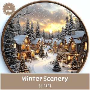 Clipart di paesaggi invernali, 1 PNG, download digitale per la creazione di biglietti, sublimazione, decorazioni, etichette regalo natalizie, adesivi, scrapbooking