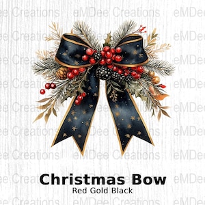 Black Christmas Bow Clipart, 1 PNG, Holly and Pine, Digital Download, Festive Graphics for Crafts, Scrapbooking, Cards, Stickers, Journals