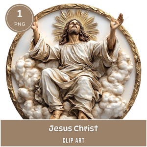 Jesus sitzt auf einer Wolke, rundes 3D-Clipart, 1 PNG, Himmelfahrt Jesu, religiöse Osterchristliche Grafiken, Sublimation, Aufkleber, Ornamente