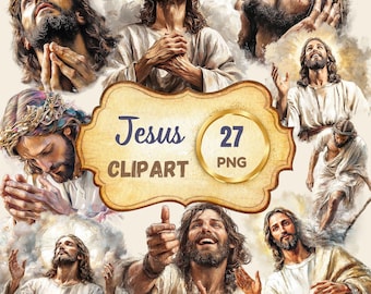 Jesus akvarell clipart-paket, kristen PNG-grafik (digital nedladdning)