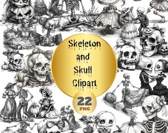 Pacote de clipart PNG de Halloween, esqueletos e caveiras vintage, sublimação assustadora, gráficos vitorianos em preto e branco, download digital
