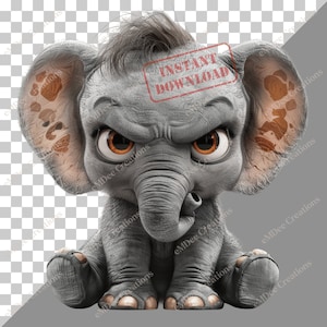 Clipart de elefante bebé enojado, 3 PNG, gráficos de animales gruñones para manualidades, invitaciones, impresiones, álbumes de recortes, creación de tarjetas, descarga digital
