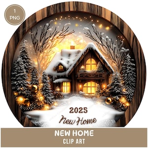 Clipart maison 2025, 2 PNG, ornement 3D rond, graphiques maison neuve, sticker première maison, cadeau de Noël, nouvelle maison 2024, téléchargement numérique