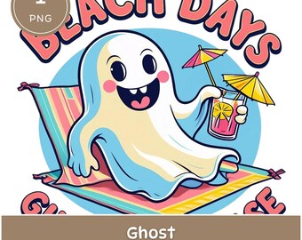 Beach Days Ghost Clipart: Pastel Halloween Vacation PNG