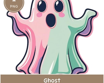 Op de afbeelding: Een cartoon spook illustratie in roze en mintgroen met een verraste uitdrukking. Het spook heeft grote zwarte ogen en een wijd open mond. De tekst "Ghost" en "CLIPART" is inbegrepen.