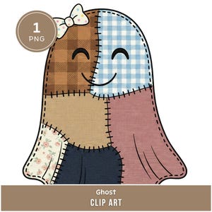 Op de afbeelding: Een patchwork spook clip art ontwerp met een lachend gezicht en een strik. De geest is gemaakt van verschillende stofpatronen, waaronder ruitjes, bloemen en ruitjes. De afbeelding bevat de tekst "Ghost CLIP ART" en een "1 PNG" afbeelding.
