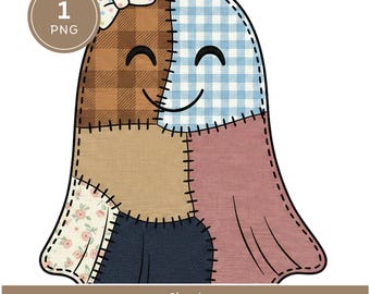 May include: A patchwork ghost clip art design with a smiling face and a bow. The ghost is made of various fabric patterns, including gingham, floral, and plaid. The image includes the text "Ghost CLIP ART" and a "1 PNG" graphic.