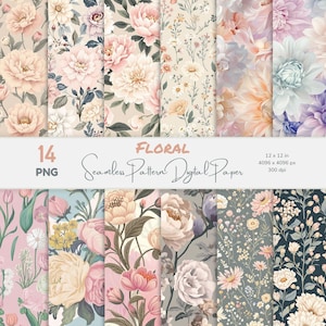 Florales nahtloses digitales Papier, 14 PNG-Bundle, Pfingstrosen, Wildblumen, Muster für Scrapbooking, Junk Journal-Hintergründe, Sublimationsdesigns