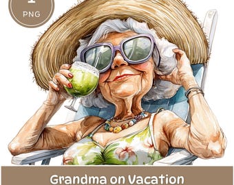Grandma on Vacation PNG: Watercolor Clipart for Summer Crafts (Digital Download)