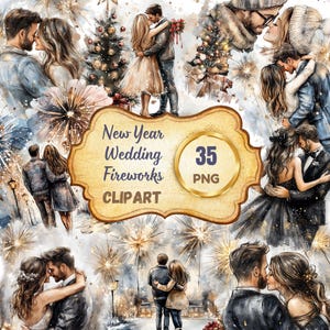 Bundle de cliparts mariage nouvel an, 35 PNG, aquarelles pour faire-parts, cartes, couple romantique, feux d'artifice, arbre de Noël, amour de l'hiver