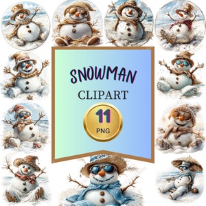 Uroczy bałwan na wakacjach Clipart Bundle, 11 PNG, Pobieranie cyfrowe, na plaży, Tworzenie kartek, Sublimacja, Boże Narodzenie, Dziennik śmieci, Naklejki
