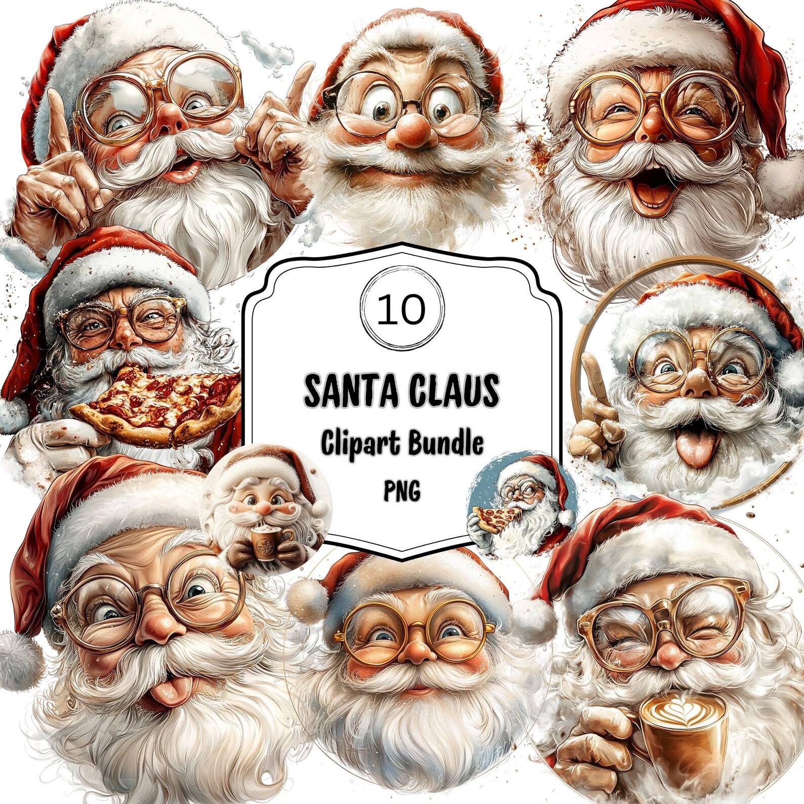 Santa Claus Clipart Bundle, 10 PNG, Funny Christmas Graphics for Card ...