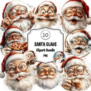 Pacote de clipart de Papai Noel, 10 PNG, gráficos engraçados de Natal para fazer cartões, enfeites redondos, adesivos peculiares, diários, download digital