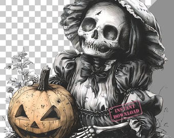 Clipart de esqueleto e abóbora vitoriano: PNG assustador de Halloween (download digital)