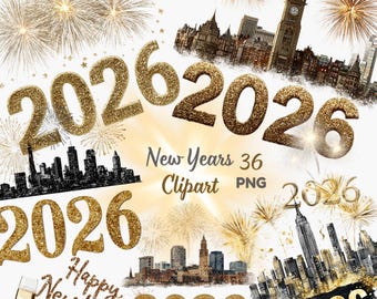 Happy New Year, 36 PNG, Watercolor Clipart Bundle (Digital Download)