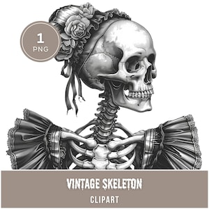 Skeleton PNG Clipart, Victorian Lady, Gothic Art, Vintage Halloween Graphics, Black and White Print, Sublimation, Stickers, Digital Download